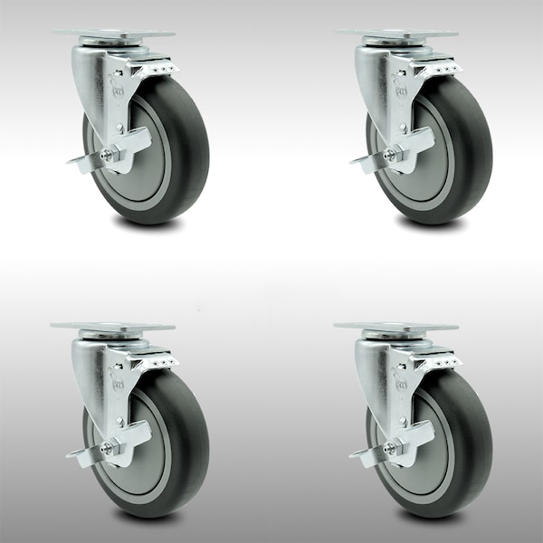 5 Inch SS Thermoplastic Rubber Swivel Top Plate Caster Set with Brake SCC